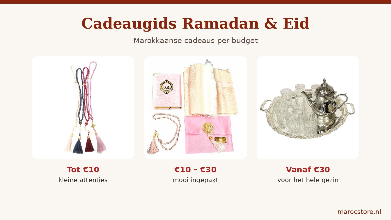 Cadeau-ideeën voor Ramadan en Eid per budget: tasbih gebedskralen, een fluwelen Koran geschenkset en een Marokkaanse familie theeset met dienblad