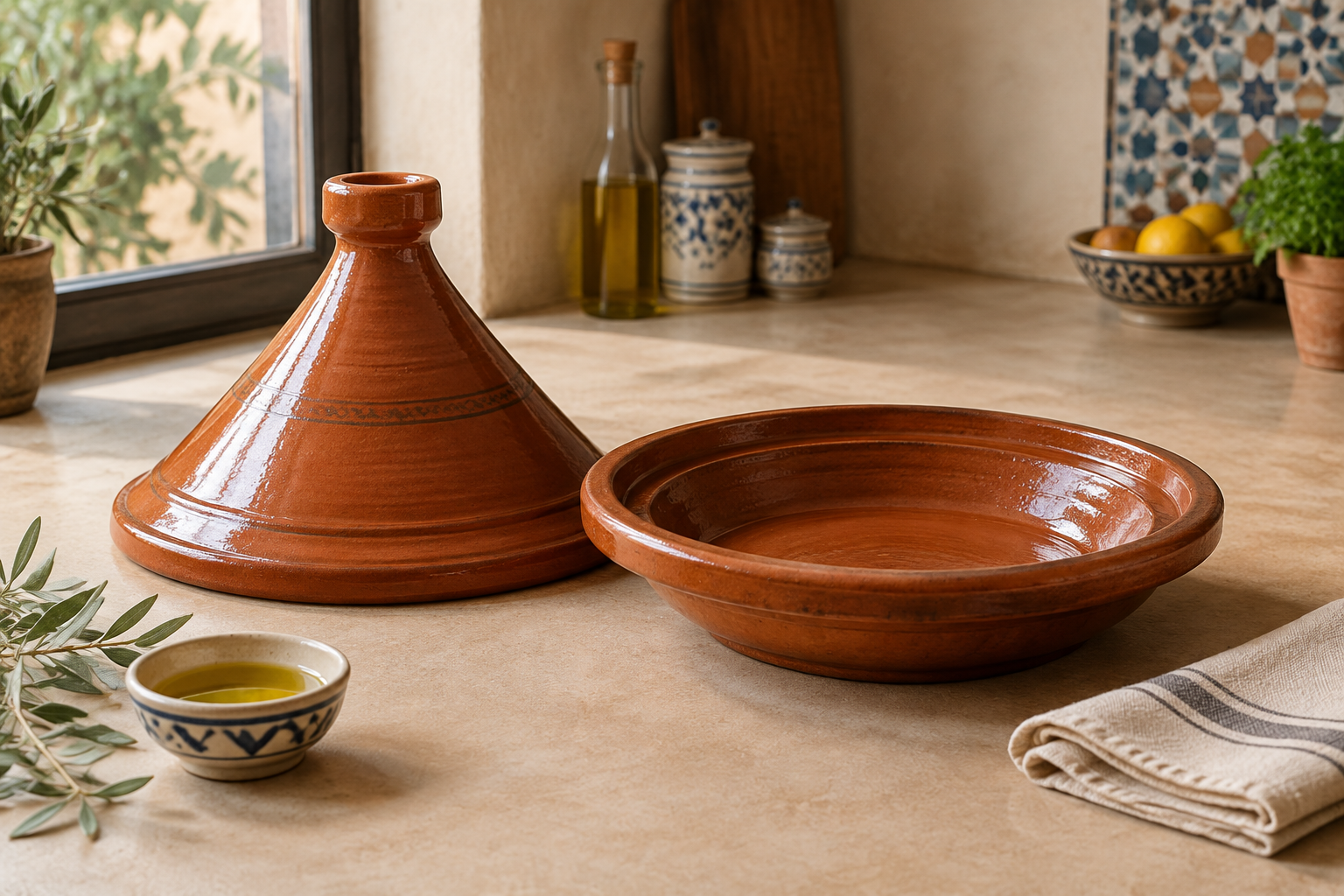Terracotta tajine met schaal en deksel naast een kommetje olie, klaar voor het eerste gebruik