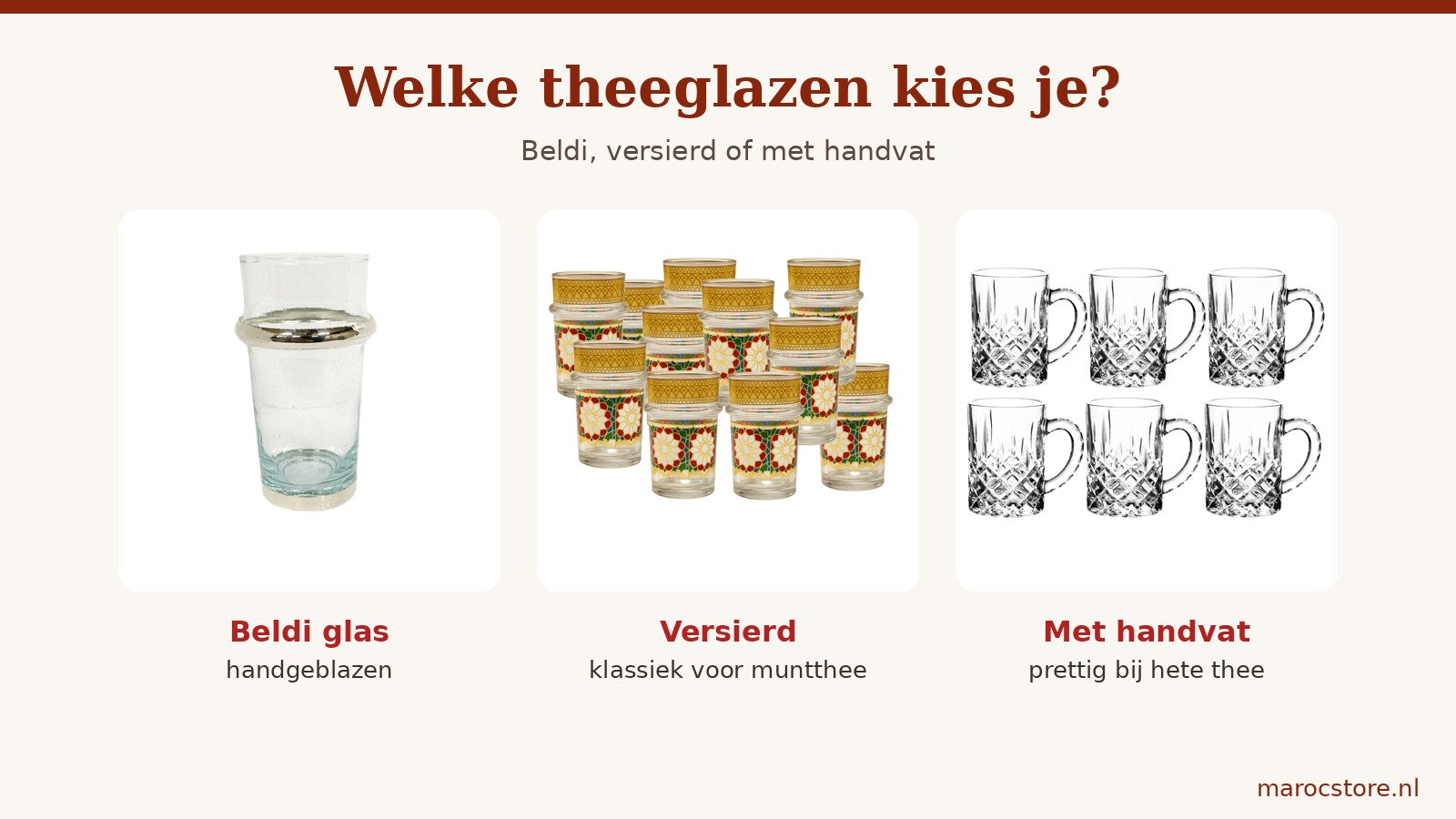 Drie soorten Marokkaanse theeglazen naast elkaar: een handgeblazen beldi glas, versierde glazen met goudrand en theeglazen met handvat