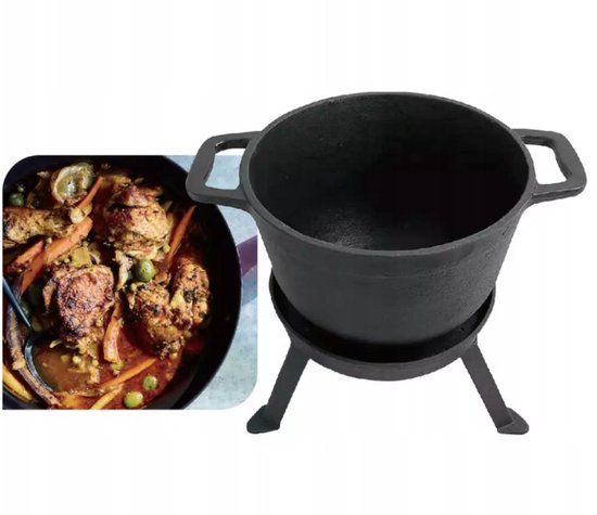 Kinghoff KH1733 Cast Iron Camping Pot Set - 3-in-1 - 8 Liters - Suitable for Fire, Stovetop & Oven - Incl. Grill Lid & Stand - Camping