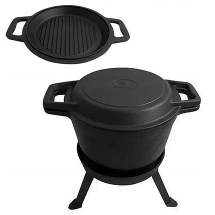 Kinghoff KH1733 Gietijzeren Campingpan Set - 3-in-1 - 8 Liter - Geschikt voor Vuur, Kookplaat & Oven - Incl. Grilldeksel & Onderstel - Camping - Kamperen