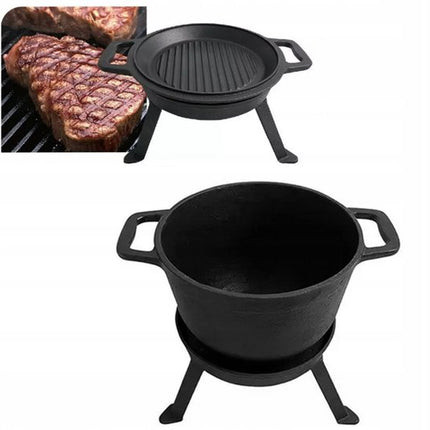 Kinghoff KH1733 Gietijzeren Campingpan Set - 3-in-1 - 8 Liter - Geschikt voor Vuur, Kookplaat & Oven - Incl. Grilldeksel & Onderstel - Camping - Kamperen