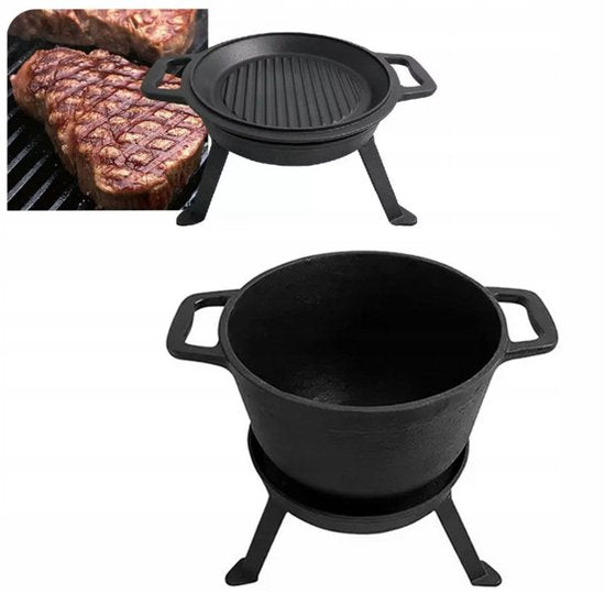 Kinghoff KH1733 Cast Iron Camping Pot Set - 3-in-1 - 8 Liters - Suitable for Fire, Stovetop & Oven - Incl. Grill Lid & Stand - Camping