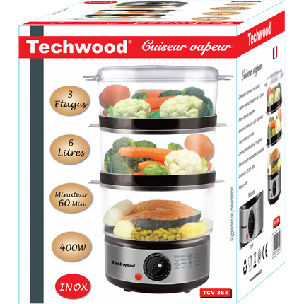 TECHWOOD STOOMKOKER - 3 Stoomschalen - 6 Liter