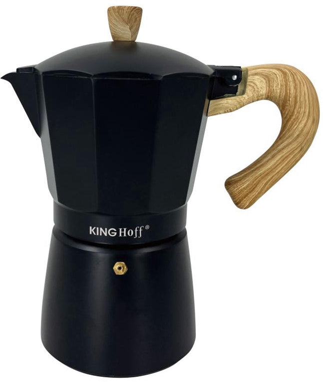Kinghoff Aluminium Espressomaker KH-1888 – 12 Kopjes – Zwart Met Houten Handvat – Geschikt voor Inductie - 600ml - Percolator