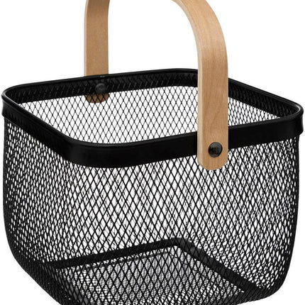 5Five draadmand/fruitschaal Maya - vierkant - zwart - 26 x 26 x 18 cm - metaal/hout - keuken mand