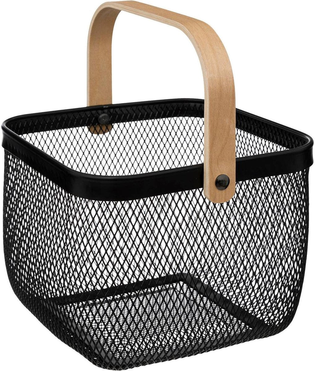 5Five Drahtkorb/Obstschale Maya - quadratisch - schwarz - 26 x 26 x 18 cm - Metall/Holz - Küchenkorb