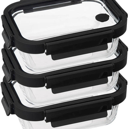 5Five Vershoudbakje met deksel - 3x - glas - luchtdicht - met clips - 19 x 14 x 7 cm - 500 ml - zwart/transparant