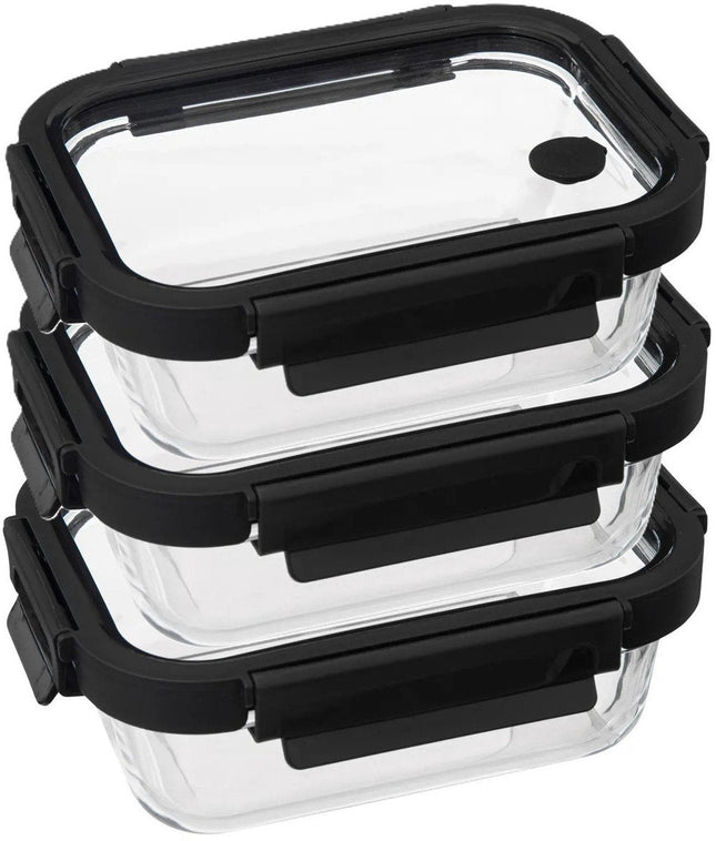 5Five Vershoudbakje met deksel - 3x - glas - luchtdicht - met clips - 19 x 14 x 7 cm - 500 ml - zwart/transparant