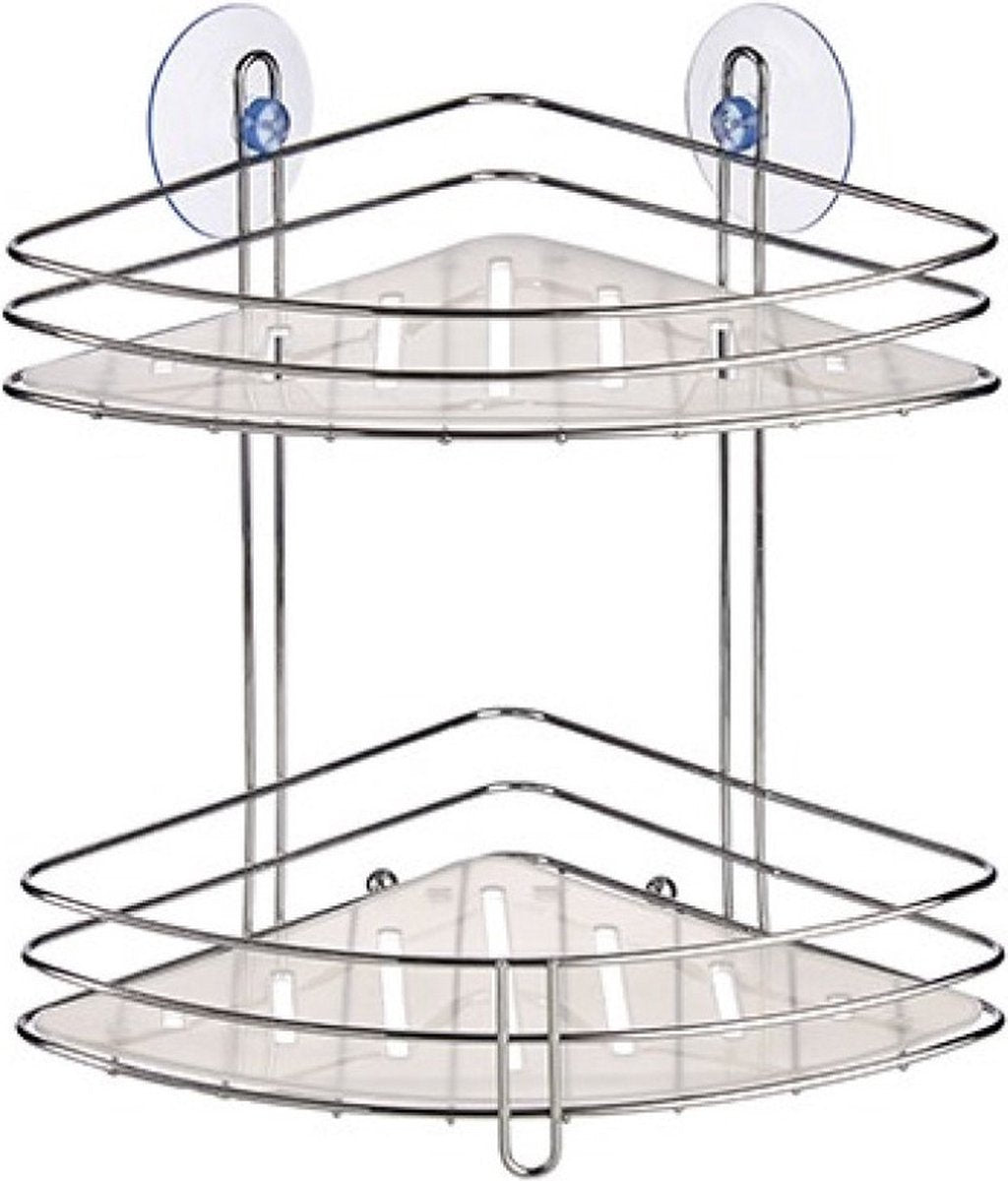 Chroom doucherek hoek met zuignappen – 2 lagen, zonder boren, 20 x 27 cm