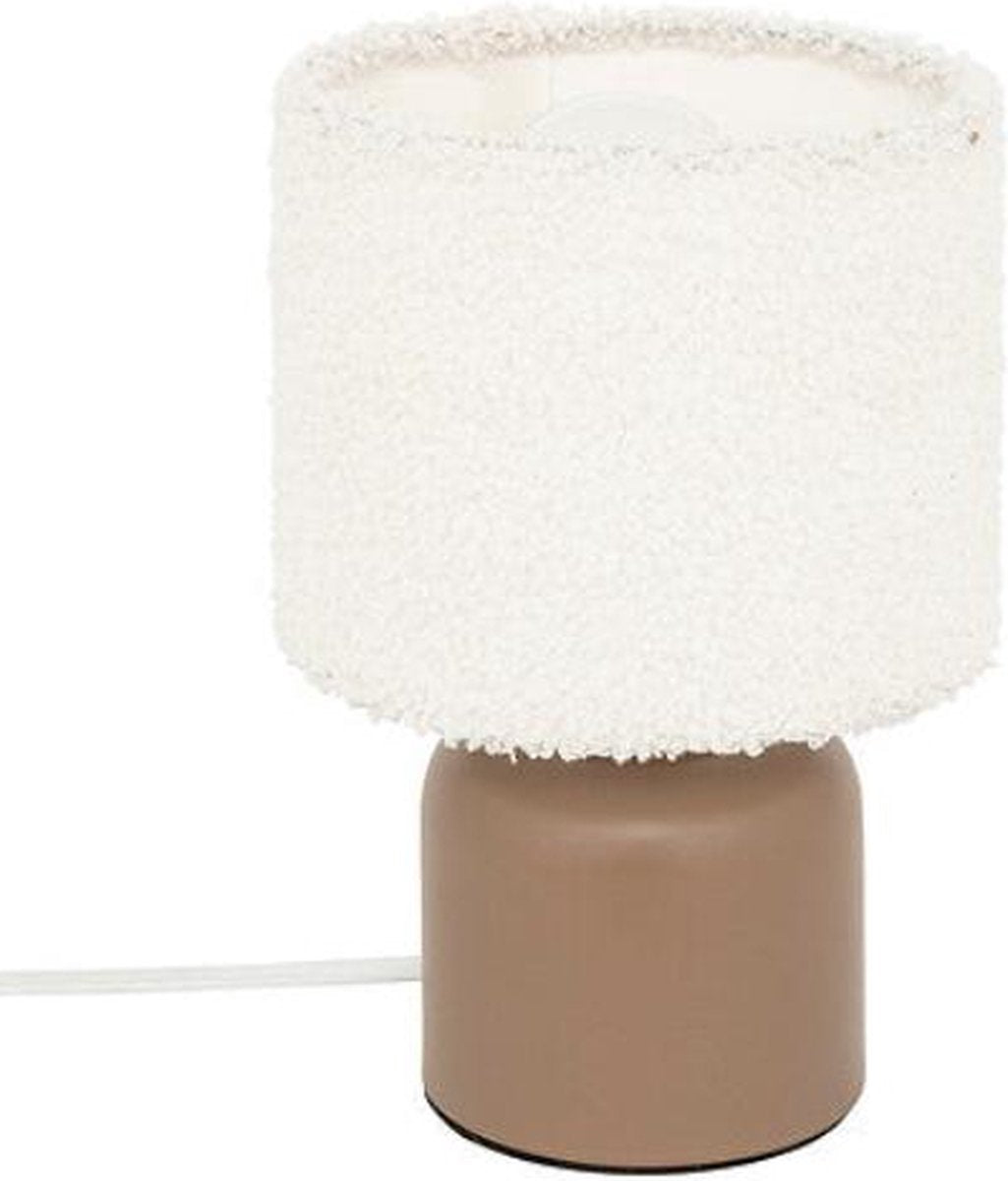 Atmosphera tafellamp Bona met bouclé kap – bruin/wit, Ø 14 x 22 cm