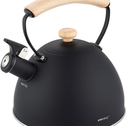 KINGHoff Fluitketel 2.5 Liter – RVS – Inductie Geschikt – Mat Zwart met Houten Handgreep – Minimalistisch Ontwerp – KH-1999