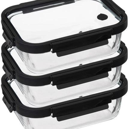 5Five Vershoudbakje met deksel - 3x - glas - luchtdicht - met clips - 23 x 18 x 8 cm - 1300 ml - zwart/transparant