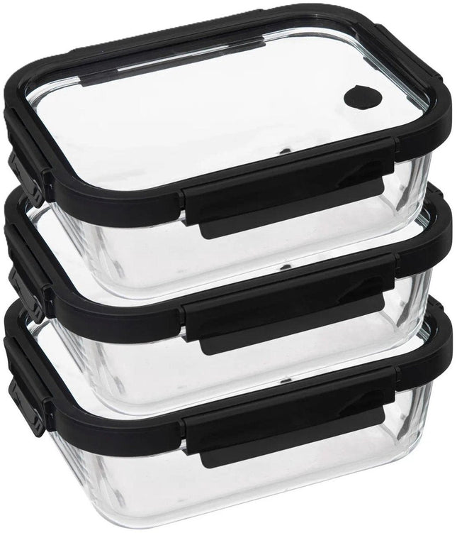 5Five Vershoudbakje met deksel - 3x - glas - luchtdicht - met clips - 23 x 18 x 8 cm - 1300 ml - zwart/transparant