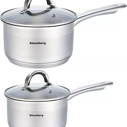 2 x steelpan / sauspan - steelpan met glazen deksel - Ø14 en Ø16 cm - RVS - 1 liter en 1,5 liter