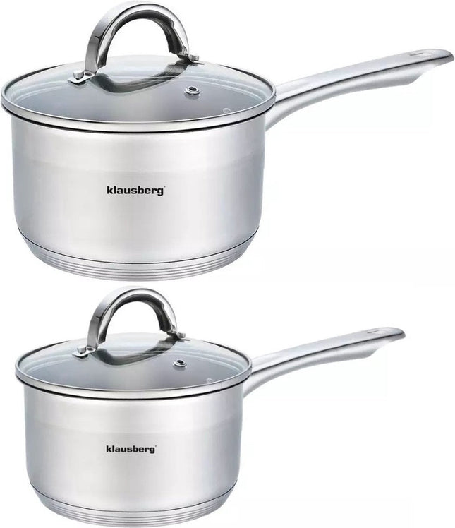 2 x steelpan / sauspan - steelpan met glazen deksel - Ø14 en Ø16 cm - RVS - 1 liter en 1,5 liter