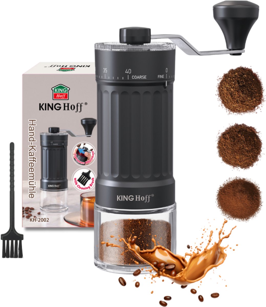 KINGHoff Manuelle Kaffeemühle – Keramische Mahlwerke – Stufenloser Mahlgrad – Kompakt & Tragbar – KH-2002