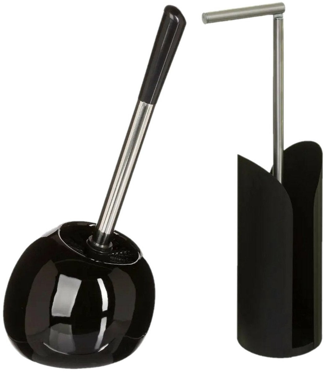 5Five - Brosse WC - avec support papier toilette - set de salle de bain - noir - dolomite et métal