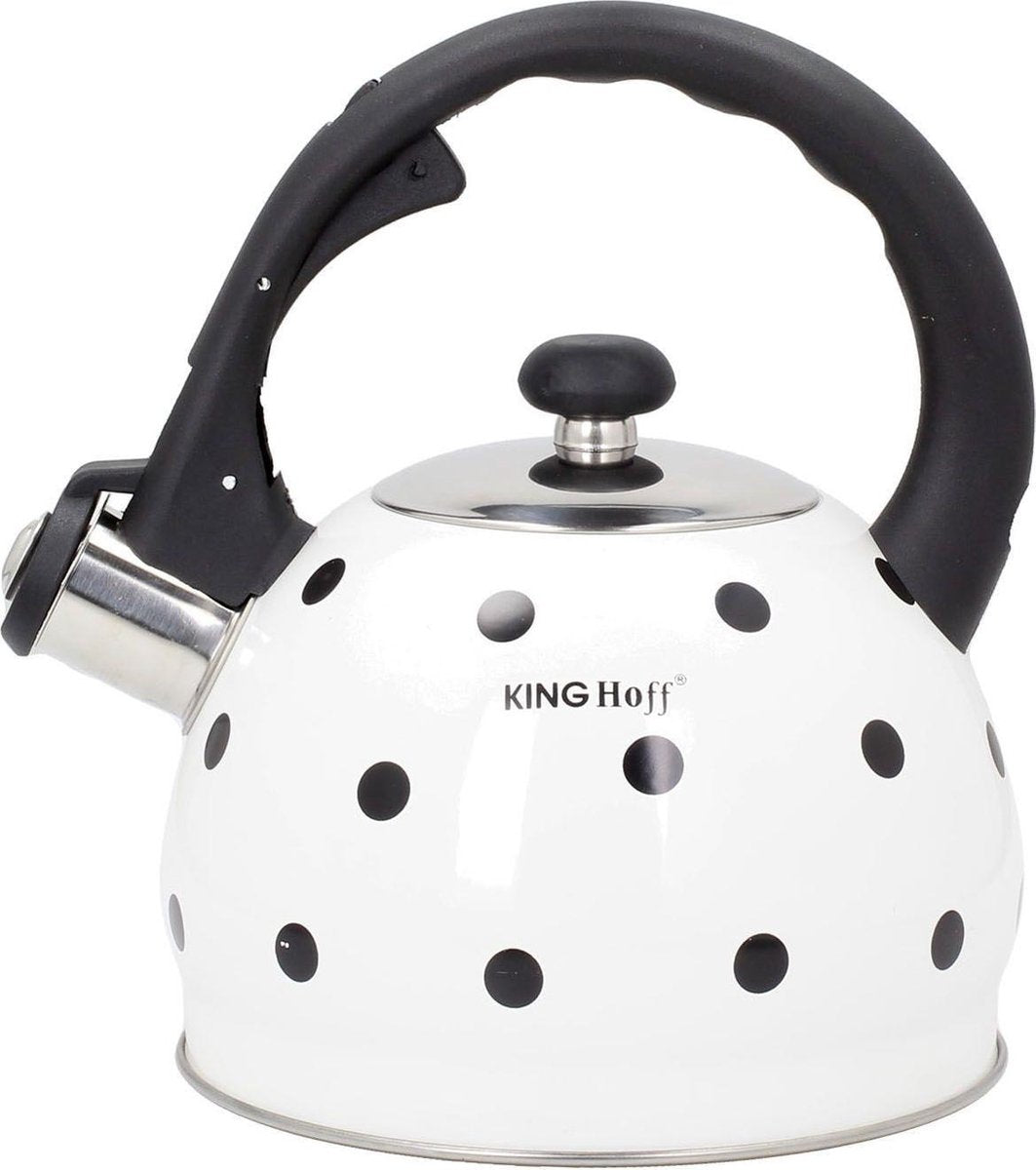 Kinghoff 1050 fluitketel 2 liter – wit met stippen, emaille, inductie