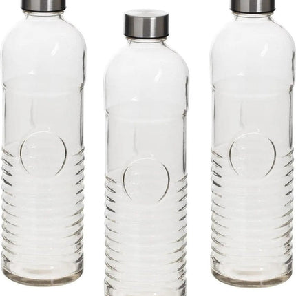 Set van 3x stuks waterflessen/drinkflessen 1 liter van gehard ribbel glas - Glazen drink flessen