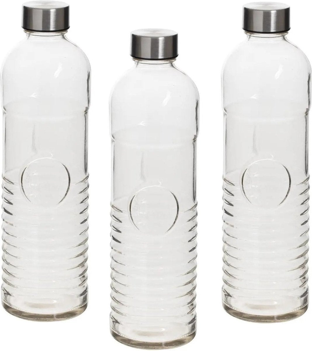 Glazen drinkfles 1 liter met RVS schroefdeksel – ribbelglas, set van 3