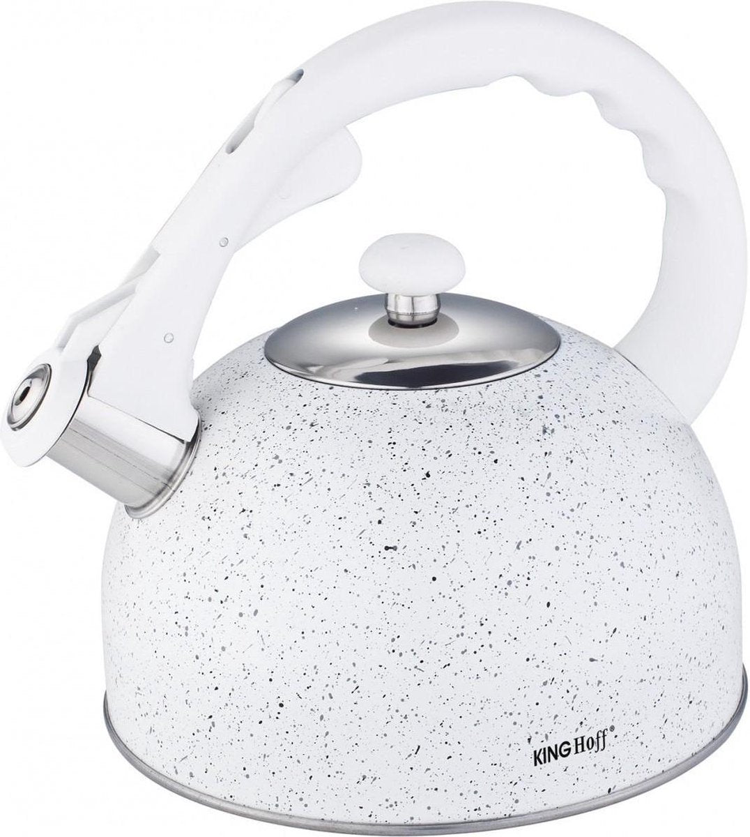 Kinghoff 1407 fluitketel wit marmerlook – rvs, 2,6 liter, alle warmtebronnen