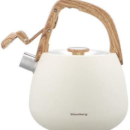 Klausberg 7775 - Fluitketel met fluit - 2.5 liter - RVS - Wit met houten handgreep