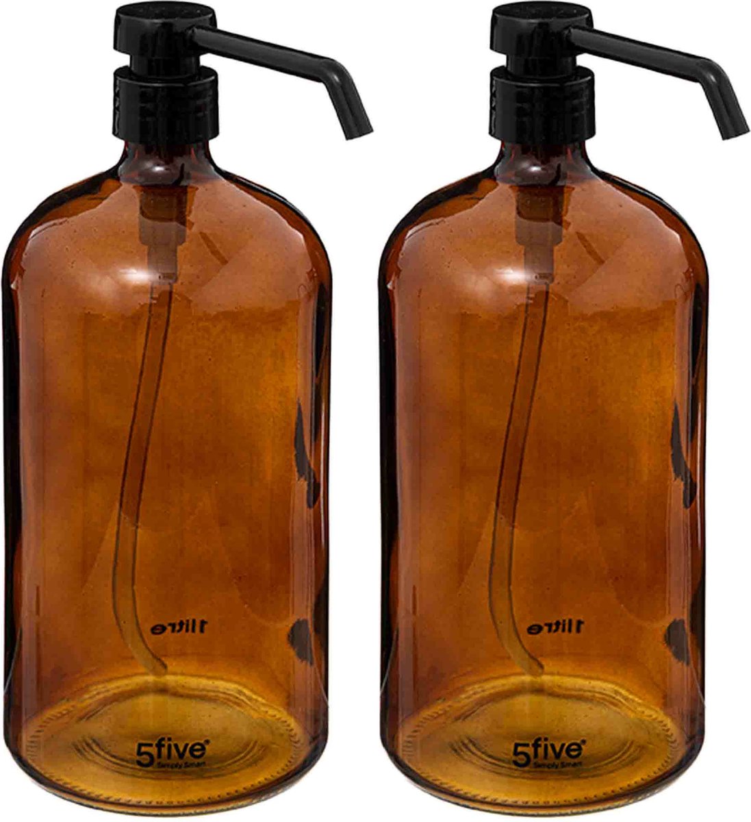 5Five zeeppomp 1 liter van bruin glas – set van 2 zeepdispensers