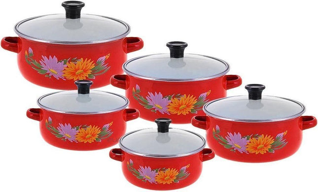 10 delige pannenset - emaille - rood