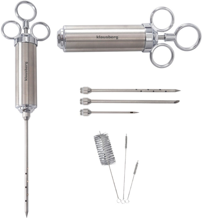 KLAUSBERG KB-7842 Vlees Marinade Spuit – RVS, 60 ml, Set met 3 Naalden & Accessoires - BBQ Accesoire - Vlees Injectiespuit - Injector