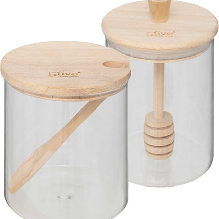 Five suiker- en honingpot set - 400 ml - glas/bamboe - transparant - inclusief lepel