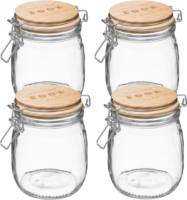 4x stuks voorraadbussen/voorraadpotten 0,75L glas met houten deksel en beugelsluiting - 750 ml - Voorraadpotten met luchtdichte sluiting