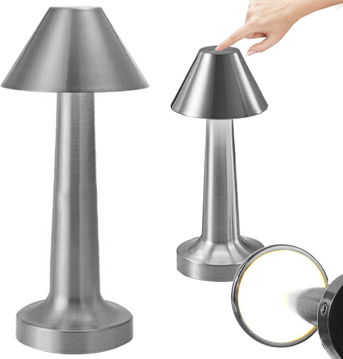 Touch tafellamp op batterijen – oplaadbare en dimbare nachtlamp, zilver