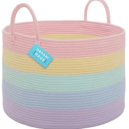 Regenboog Geweven Katoenen Opslagmand - 50x35 cm - Wasmand, Speelgoedmand of Opslagmand - Gestreept Regenboogdesign (Roze, Geel, Groen, Blauw, Paars) - 100% Katoen - Storagebox