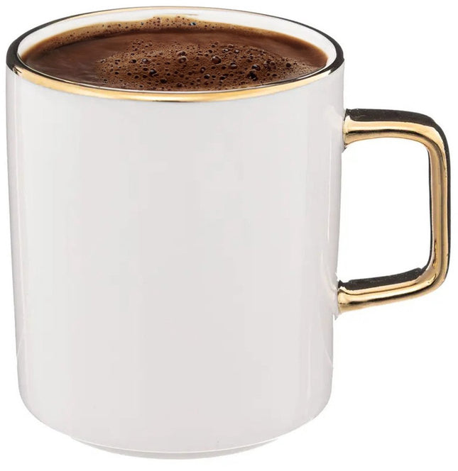 Secret de Gourmet Koffiemokken Athena - 6x stuks - Keramiek - wit/goud - 350 ml - 8 x 9 cm