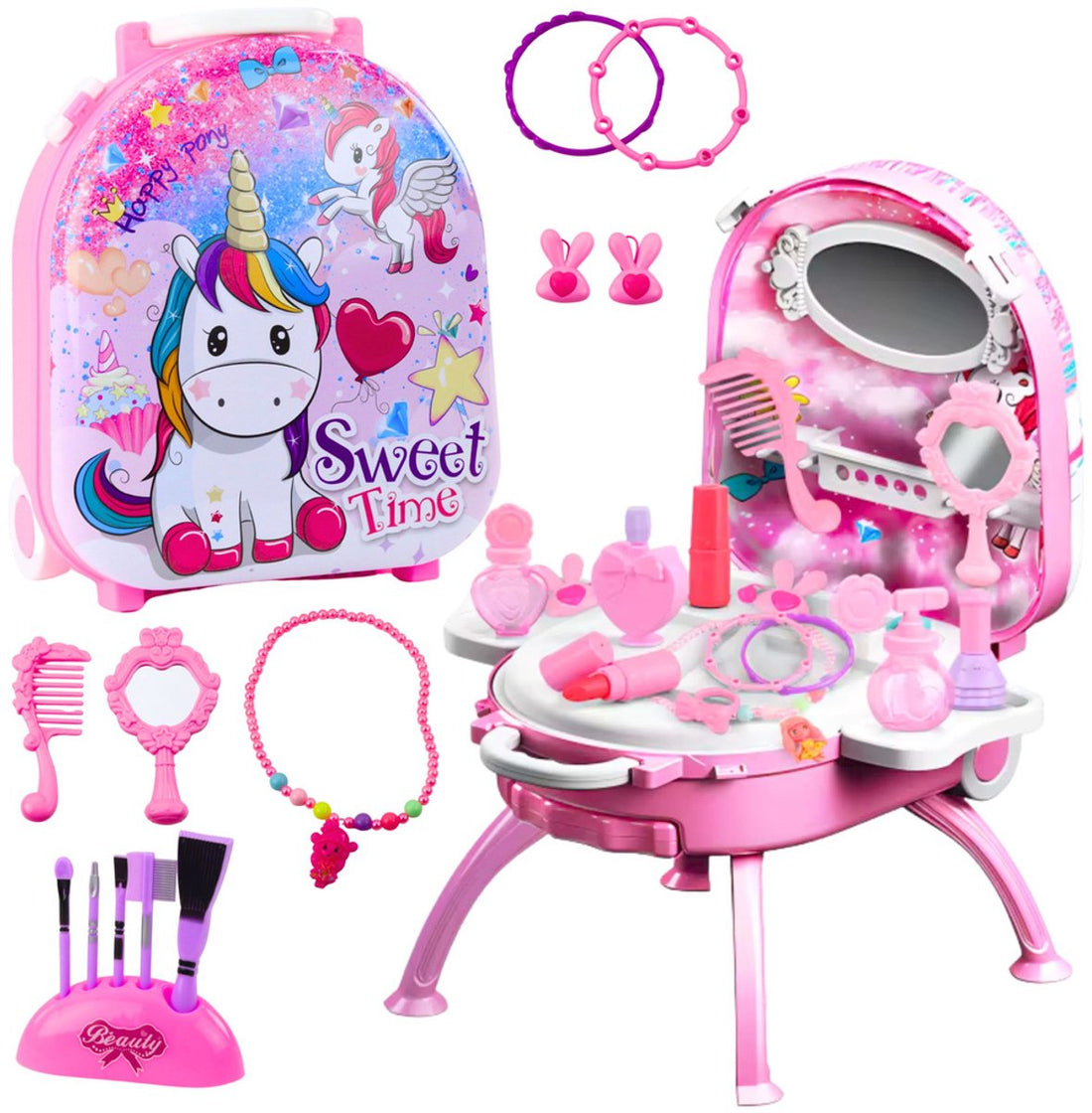 Schminktisch 2-in-1 Einhorn - Aufbewahrungskoffer mit Spiegel und Zubehör - Make-Up Tisch für Mädchen - Beauty-Set mit Griff und Rollen - Schminktisch - Tragbarer Beauty-Tisch