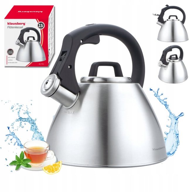KLAUSBERG KB-7951 Fluitketel 2,5 L – RVS – Soft-Touch Handgreep – Inductie – Zilver