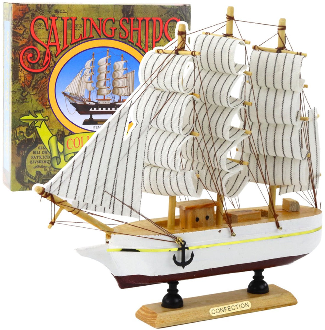 Driemaster zeilschip model wit – houten scheepsmodel op basis, 24 x 23 cm