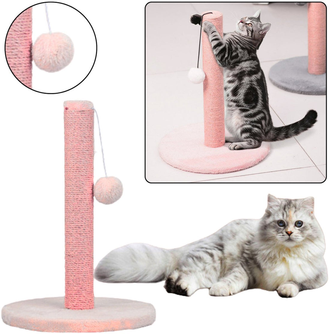 Kratzbaum für Katzen Niedrig 40 cm Rosa - Mit Sisal - Säule und hängendes Spielzeug mit Bommel - Spielspaß für die Katze - Rosa Kratzstamm - Kratzbaum - Katze und Kätzchen