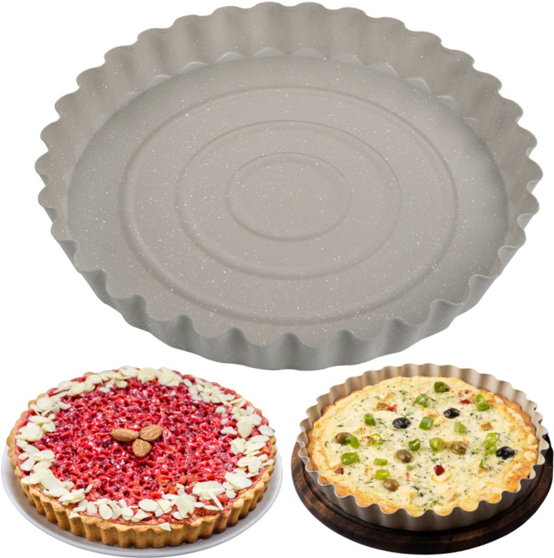 KINGHoff Moule à manqué 28 cm - Revêtement marbré beige - Résistant au four jusqu'à 220°C - Pour tartes et quiches - Moule de cuisson - Plat à four - Moule à gâteau