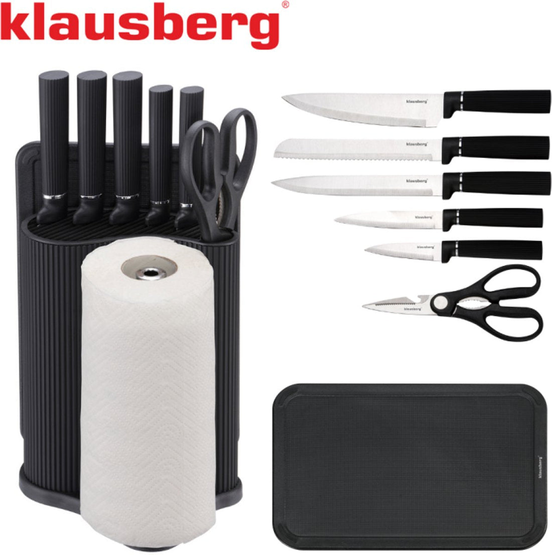 Klausberg KB-7977 messenset 8-delig – met snijplank en keukenrolhouder, zwart