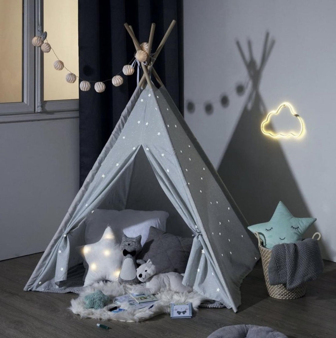 Atmosphera Kids Tipi-Spielzelt – blau mit grauen und silbernen Sternen – Spielzelt – Höhe 160 cm – Baumwolle