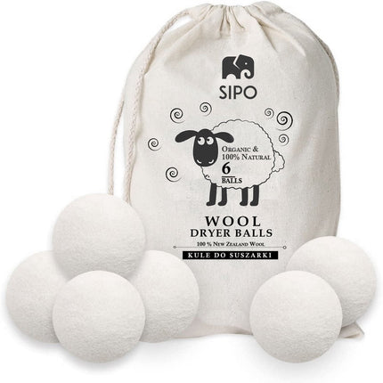 6x Wollen Droger Ballen - 100% Biologische Merinowol - Incl. Opbergzak - Wasverzachter Vervanger - Milieuvriendelijk & Energiebesparend - Sipo