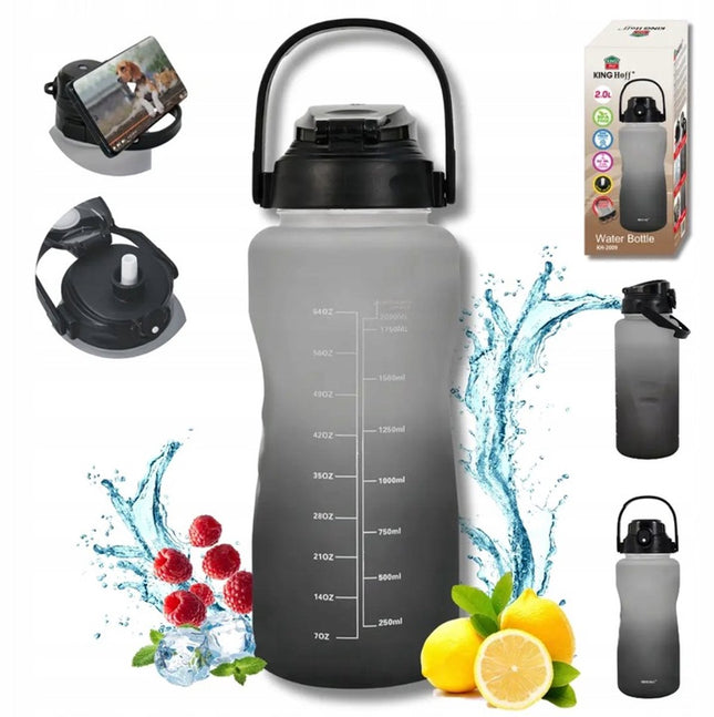 KINGHoff Waterfles 2L met Rietje & Veiligheidslock – BPA-vrij, Lekvrij, One Press Open - drinkfles -bidon