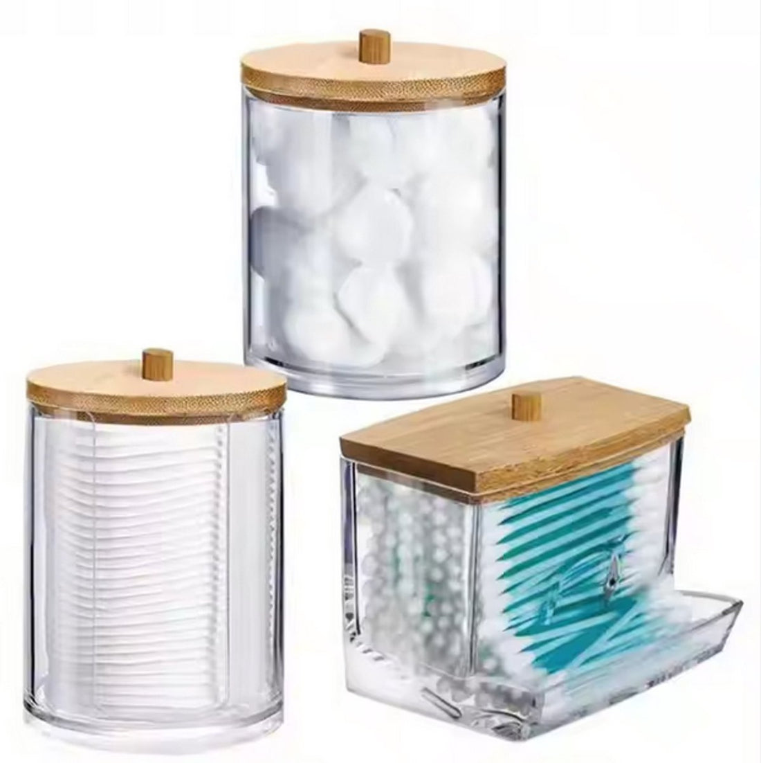 Set van 3 wattenhouders met houten deksel – badkamerorganizer