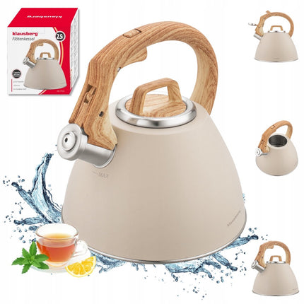 KLAUSBERG KB-7954 Fluitketel 2,5 L – waterkoker- Beige Mat – Houtlook Handgreep – RVS – Soft-Touch – Inductie