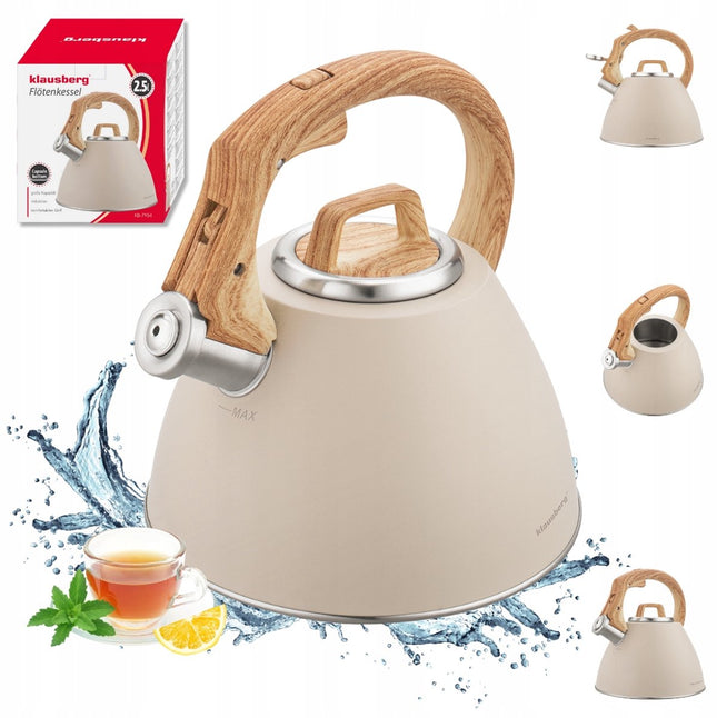 KLAUSBERG KB-7954 Fluitketel 2,5 L – waterkoker- Beige Mat – Houtlook Handgreep – RVS – Soft-Touch – Inductie