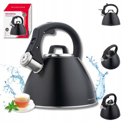 KLAUSBERG KB-7952 Fluitketel 2,5 L – Zwart Mat – Soft-Touch Handgreep – Inductie – RVS – Met Fluit