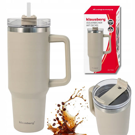 Klausberg KB-7944 Thermische Beker - 1100 ml - Lichtbeige - Dubbelwandige Vacuum Isolatie - Met Handvat en Sluitdop - Thermosbeker - Warmhoudbeker