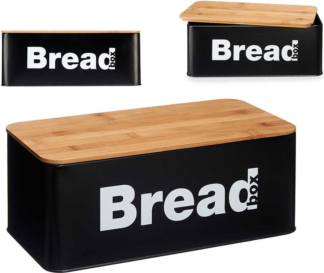 Kinvara Bread Bin - Black - Metal/Bamboo - Bread Basket - Breadbox